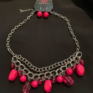 Hot pink beaded silver chain and earring set
